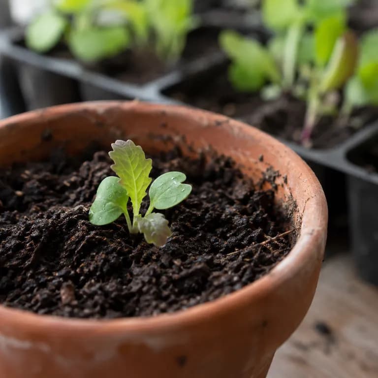 Dicht ausgesäte Mesclun-Sämlinge laufen in einem breiten Band mit gemischten Blattformen auf