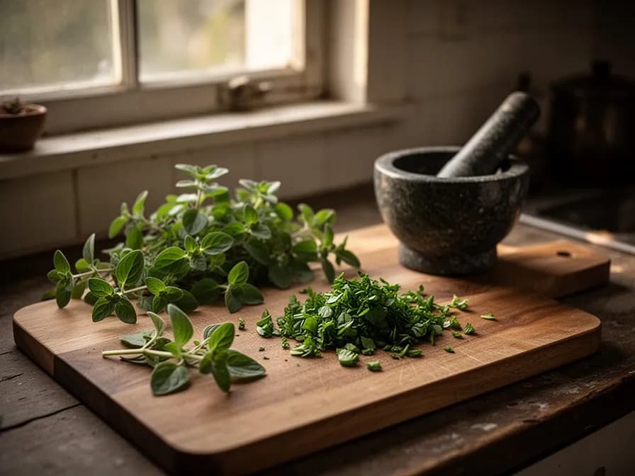 A steaming bowl of chili con carne garnished with fresh Mexican oregano leaves