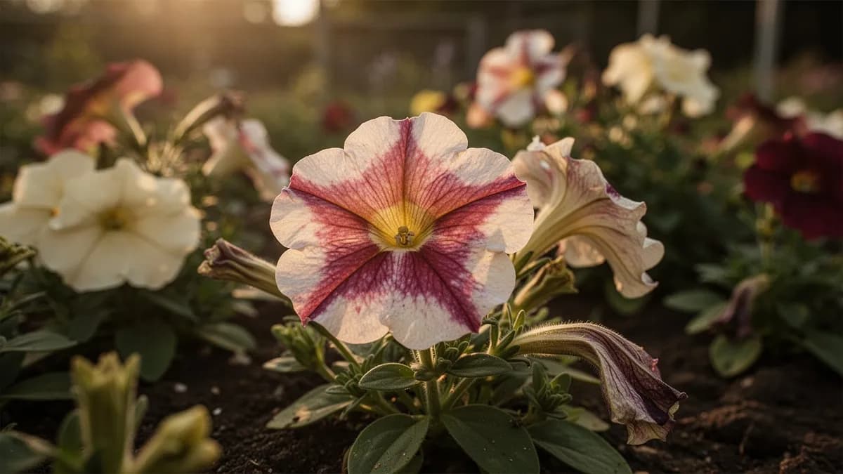 Una exuberante cesta colgante desbordante de calibrachoa colgante en colores mezclados