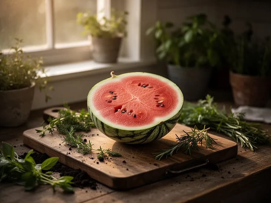 Cross-section of a mini watermelon showing vibrant red flesh and thin rind