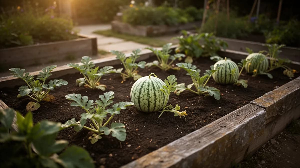 Mini watermelon plants growing in a small raised bed garden with straw mulch