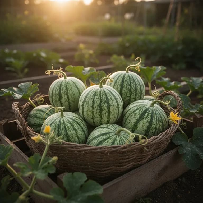 Hand holding a ripe mini watermelon about the size of a cantaloupe with classic dark green stripes