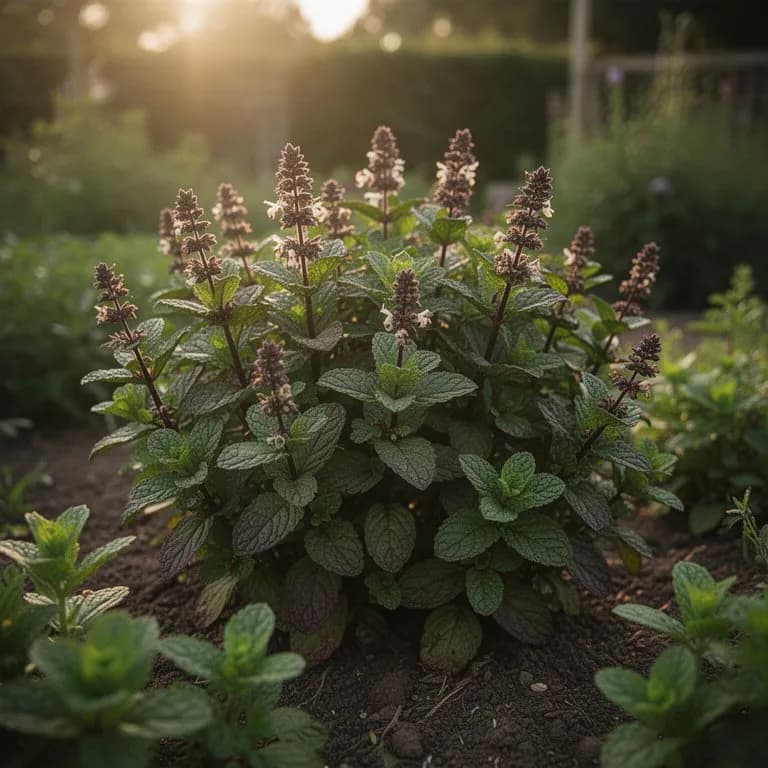 Planta madura de menta chocolate, frondosa y con hojas verde oscuro y tallos parduzcos en un bancal de jardín