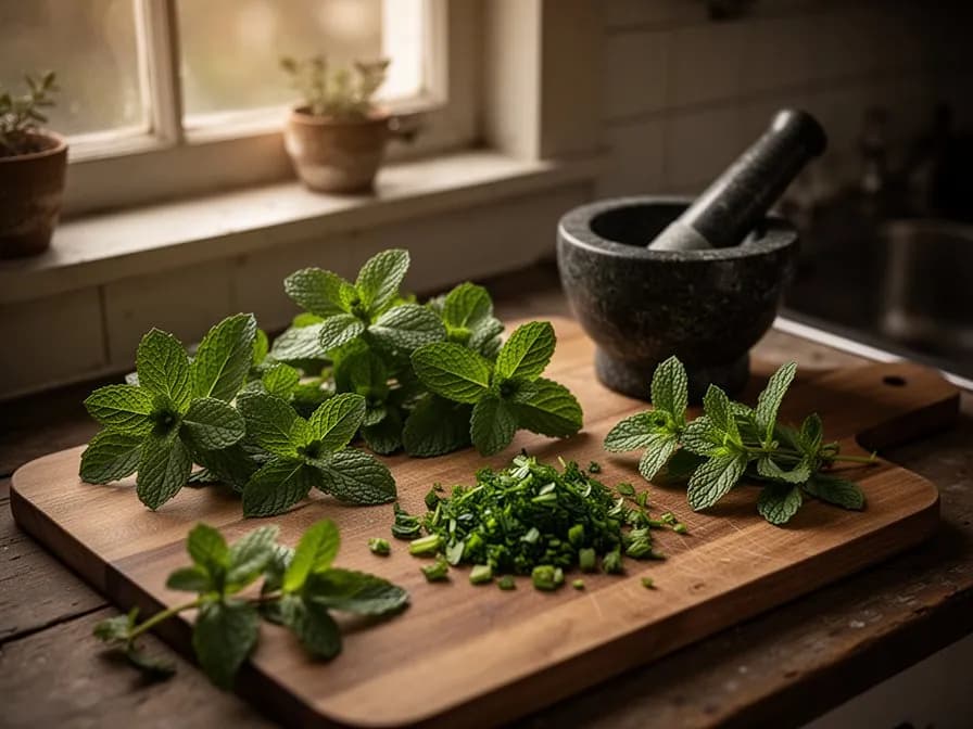 Ananasminze als Garnitur für einen tropischen Cocktail