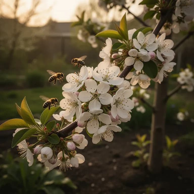 Zarte weiße Mirabellenblüten bedecken schlanke Äste im zeitigen Frühling