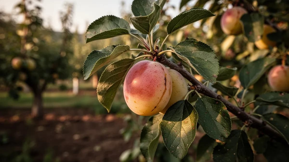 Mirabel adulto con copa redondeada cargada de fruta dorada en un huerto soleado