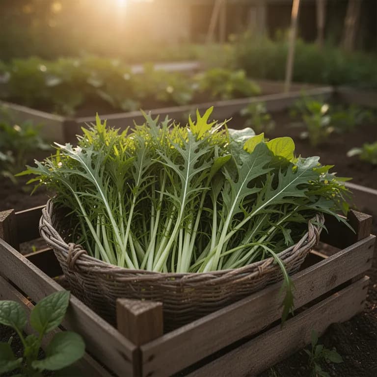 Freshly harvested mizuna leaves bundled in a rustic basket