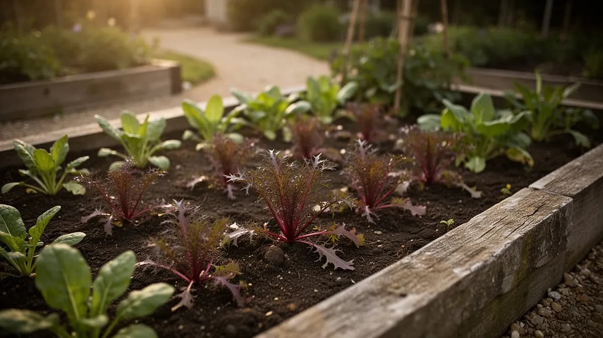 Row of red mizuna plants growing densely in a raised garden bed during cool weather