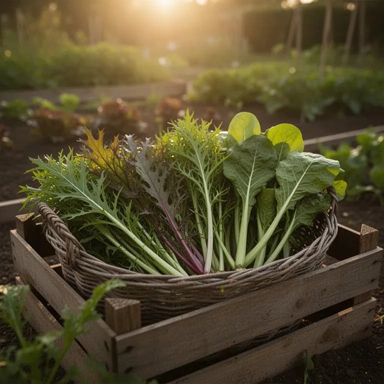 Freshly harvested bundle of red mizuna with deep burgundy stems and serrated green-purple leaves