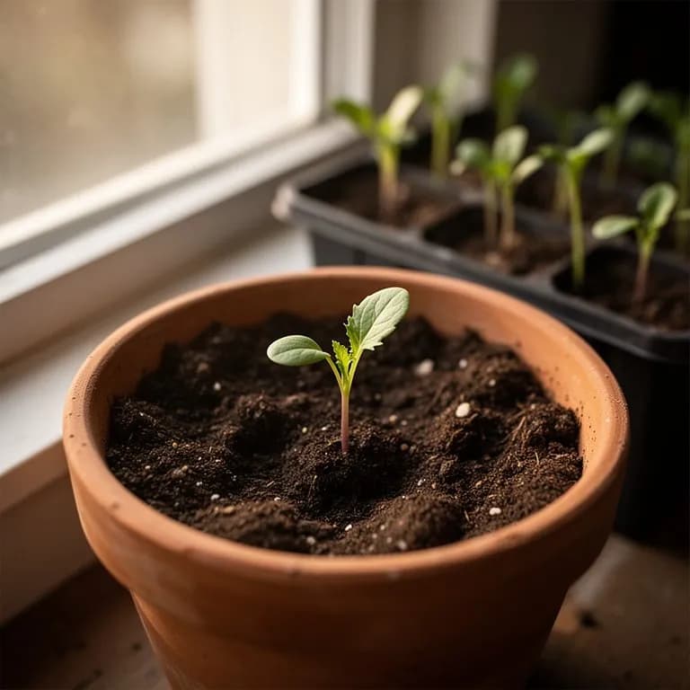 Tiny red mizuna seedlings with first true leaves showing purple-red veining