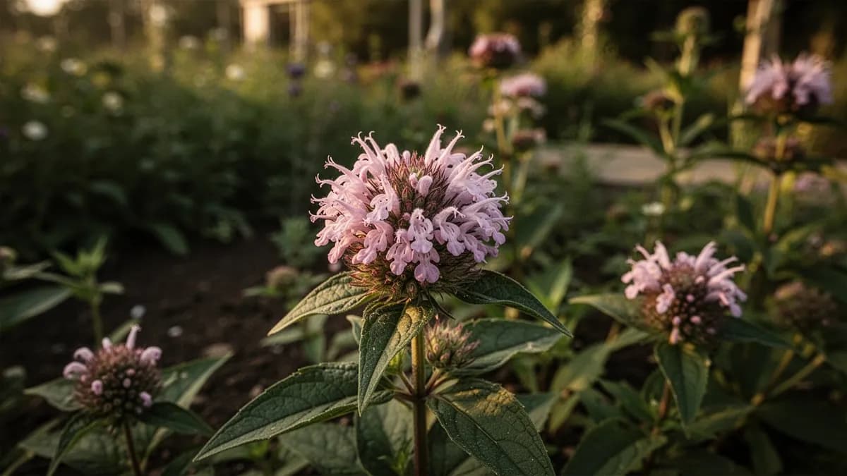 Abeja nativa forrajeando sobre una cabezuela de bergamota silvestre en un jardín de pradera