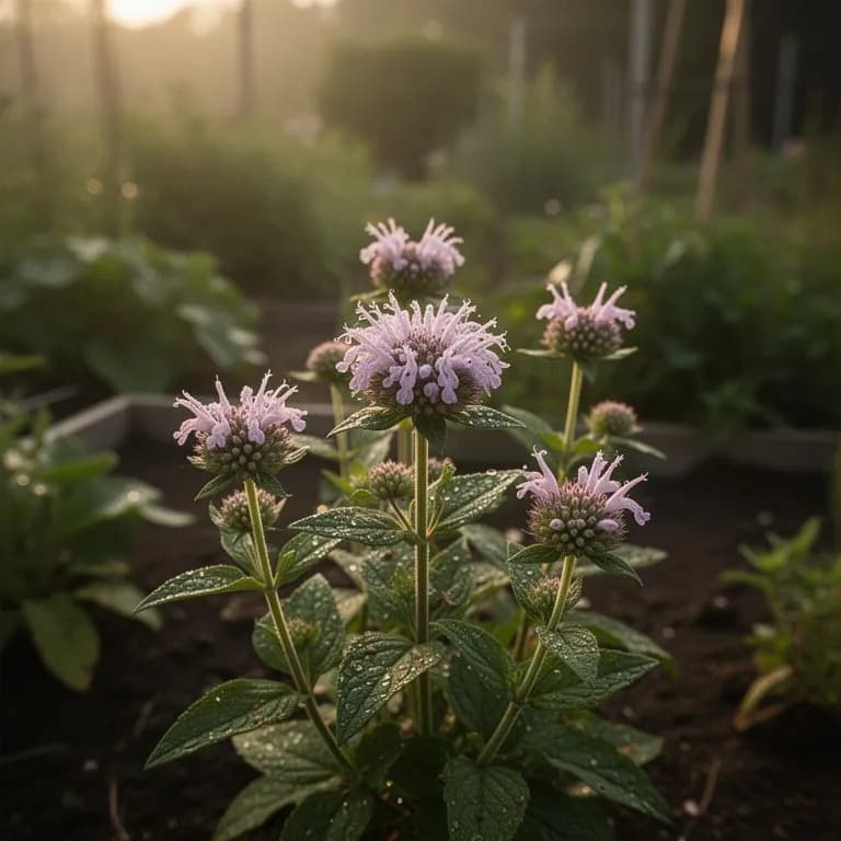 Fully blooming Monarda punctata with tiered whorls of yellow flowers spotted with purple and surrounded by lavender bracts