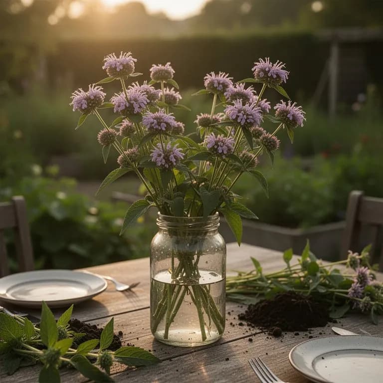 Freshly harvested Monarda punctata stems with leaves and flowers laid on a wooden board for drying