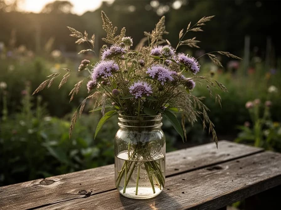 Glass mug of pale golden Monarda punctata herbal tea with fresh spotted bee balm leaves beside it