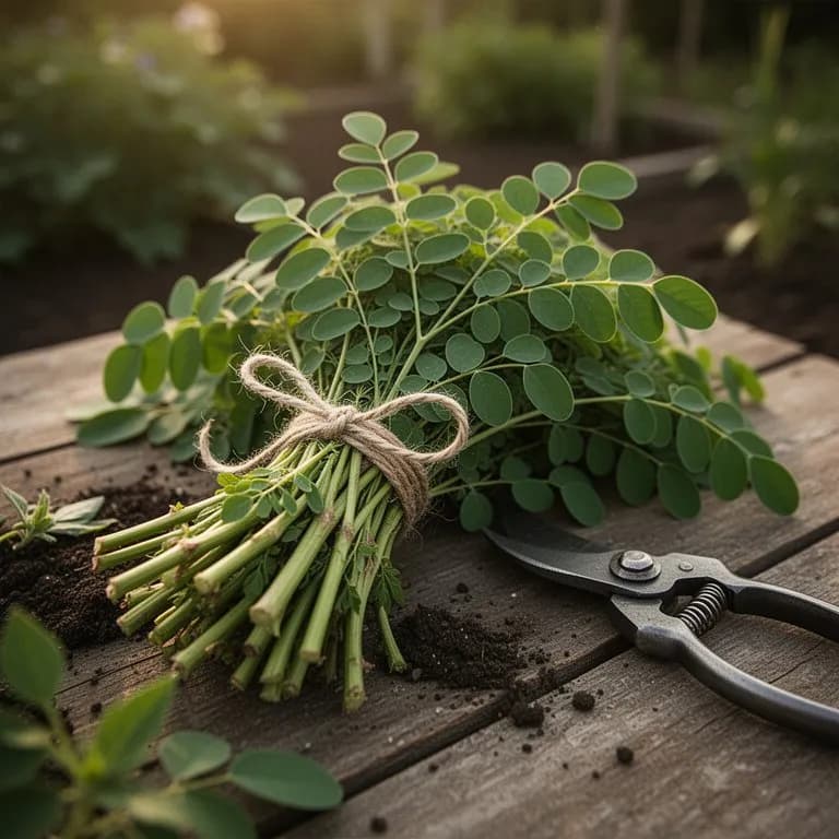 Largas vainas verdes de moringa colgando de las ramas