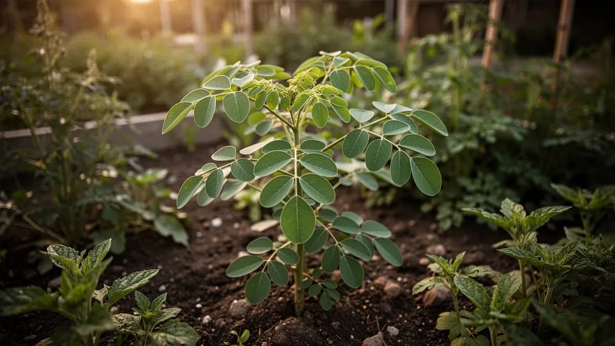 Polvo de hojas de moringa secas en un cuenco de madera junto a hojas frescas