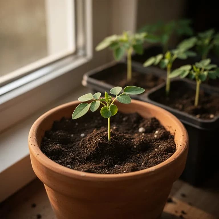 Plántula joven de moringa con delicadas hojas compuestas emergiendo del suelo
