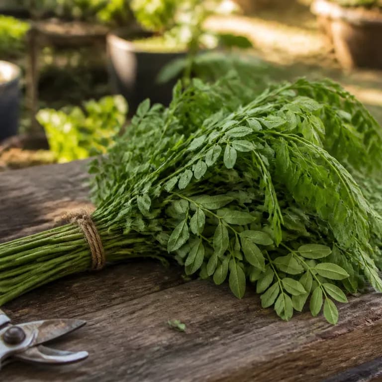 Largas vainas verdes de moringa colgando de las ramas