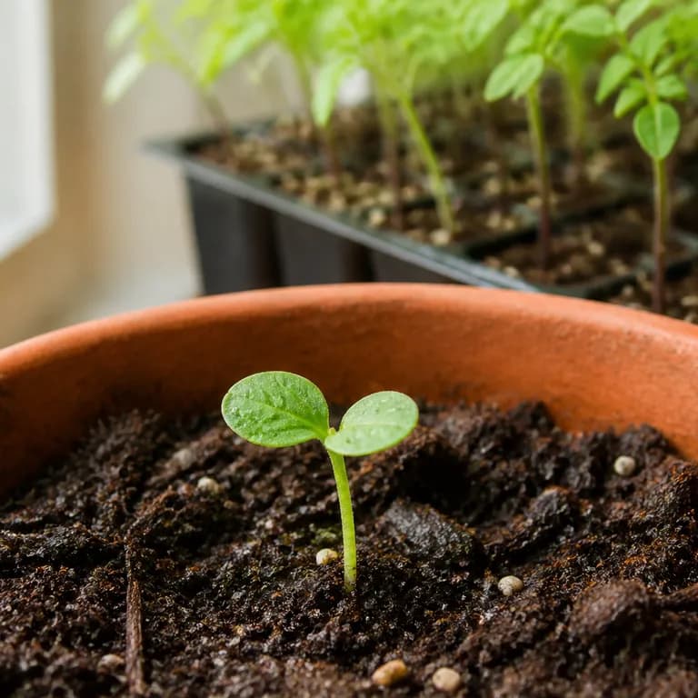Plántula joven de moringa con delicadas hojas compuestas emergiendo del suelo