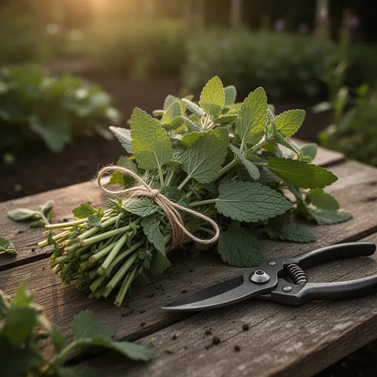 Tallos de agripalma recién cosechados con hojas y flores dispuestos sobre una tabla de cortar de madera