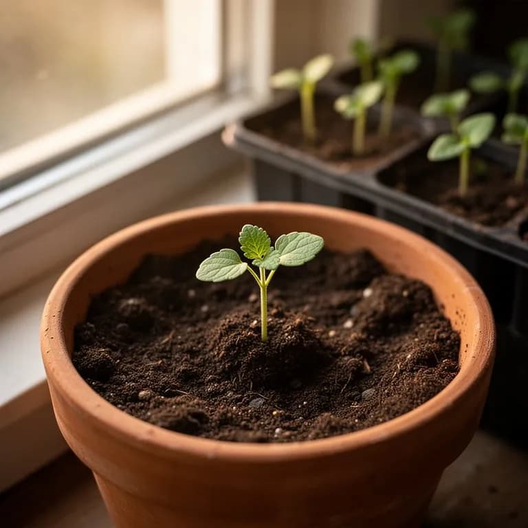 Joven plántula de agripalma con su primer par de hojas profundamente lobuladas emergiendo del suelo oscuro del jardín