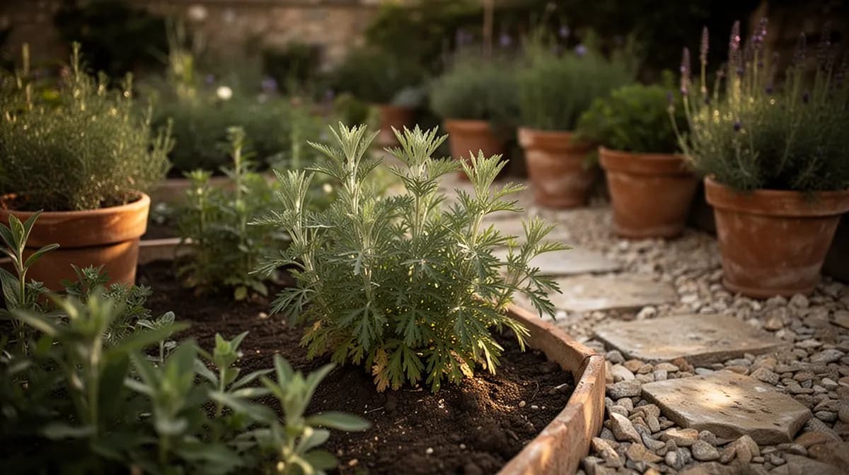 Planta de artemisa establecida en pleno crecimiento estival
