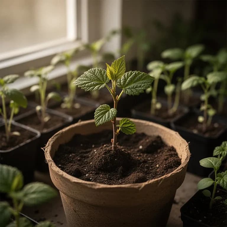 Plántula joven de morera con las primeras hojas verdaderas emergiendo