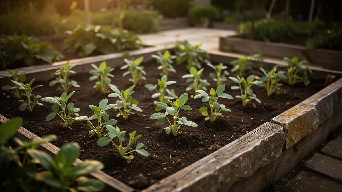 Rows of bushy mung bean plants growing in a sunny garden bed