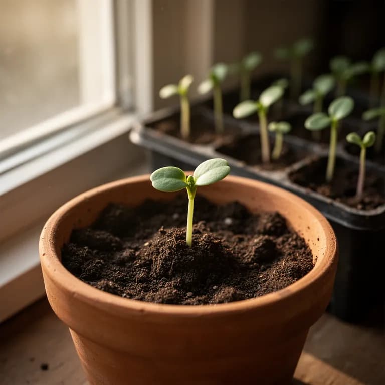 Mung bean seedlings emerging with bright green cotyledons