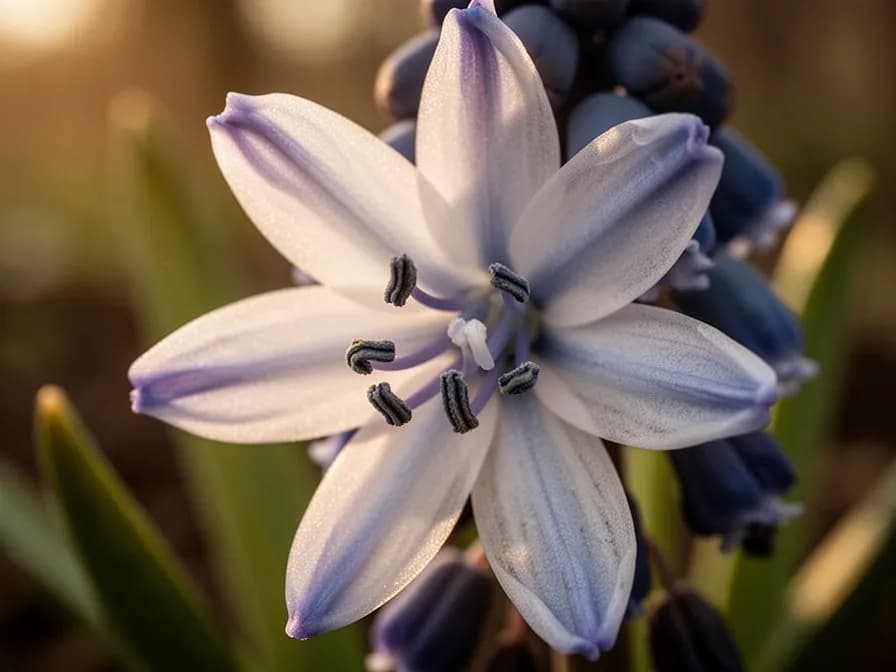 Muscari naturalised in a grassy meadow creating a river of blue beneath deciduous trees