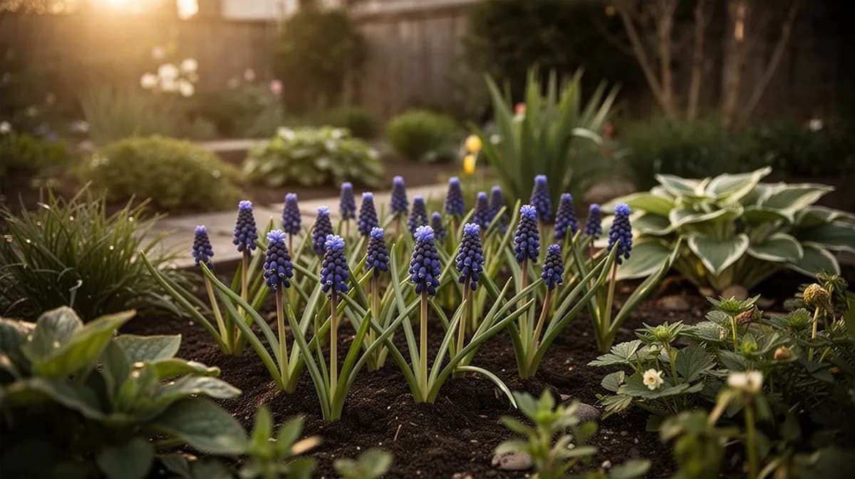 Small round muscari bulbs being planted in well-drained soil in autumn