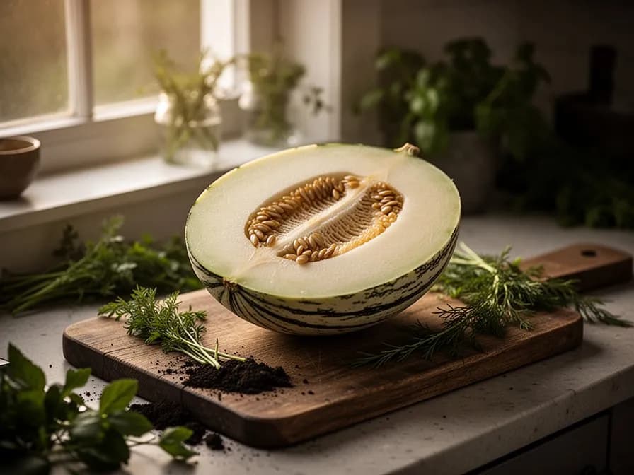 Halbierte Moschusmelone mit tiefem orangefarbenem aromatischem Fruchtfleisch und Samenhöhle