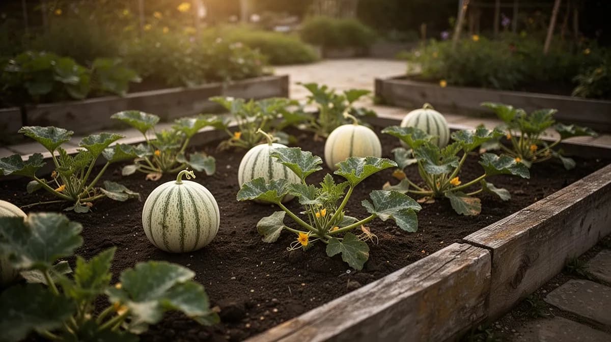 Mehrere Moschusmelonen-Ranken in einem sonnigen Hochbeet mit Strohmulch unter reifenden Früchten