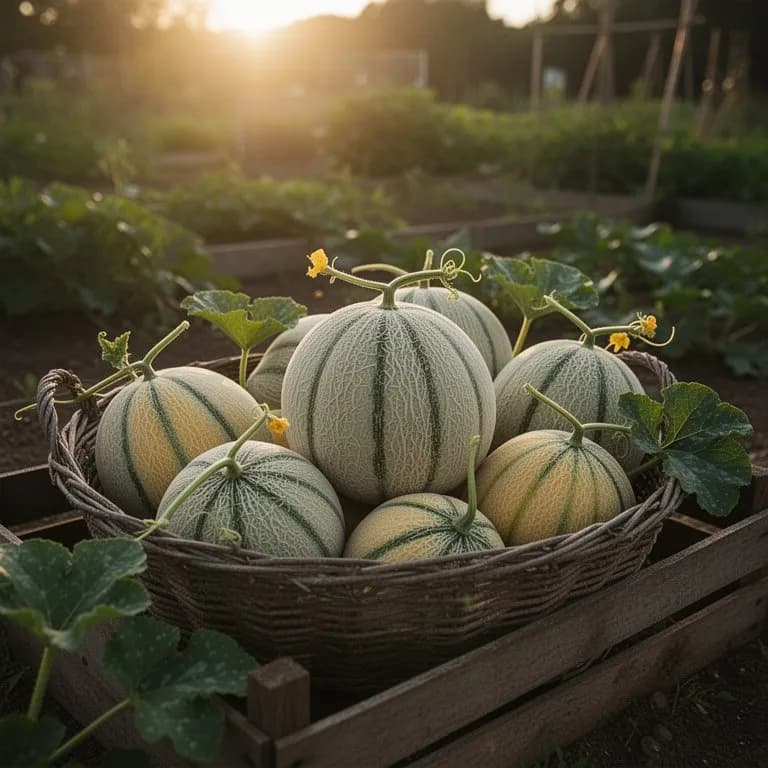 Reife Moschusmelone an der Ranke mit goldbrauner Netzung und gelblich werdender Schale darunter