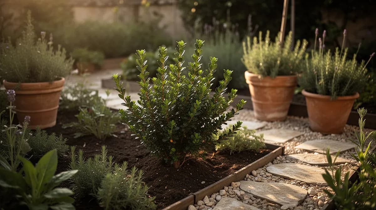 Myrtenhecke in einem formalen mediterranen Garten mit Terrakottatöpfen