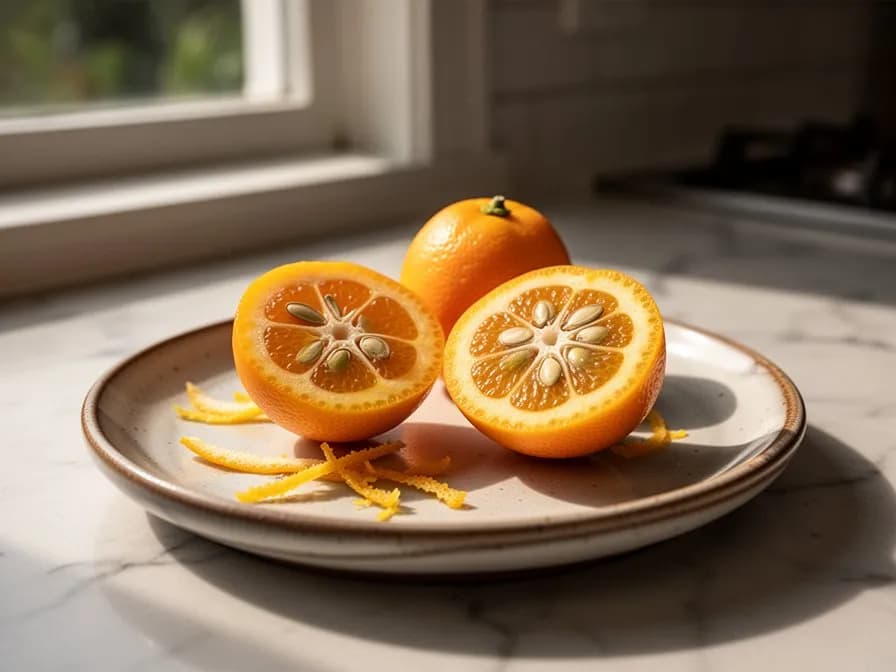 Aufgeschnittene Nagami-Kumquats, die die süße essbare Schale und das saure segmentierte Fruchtfleisch zeigen