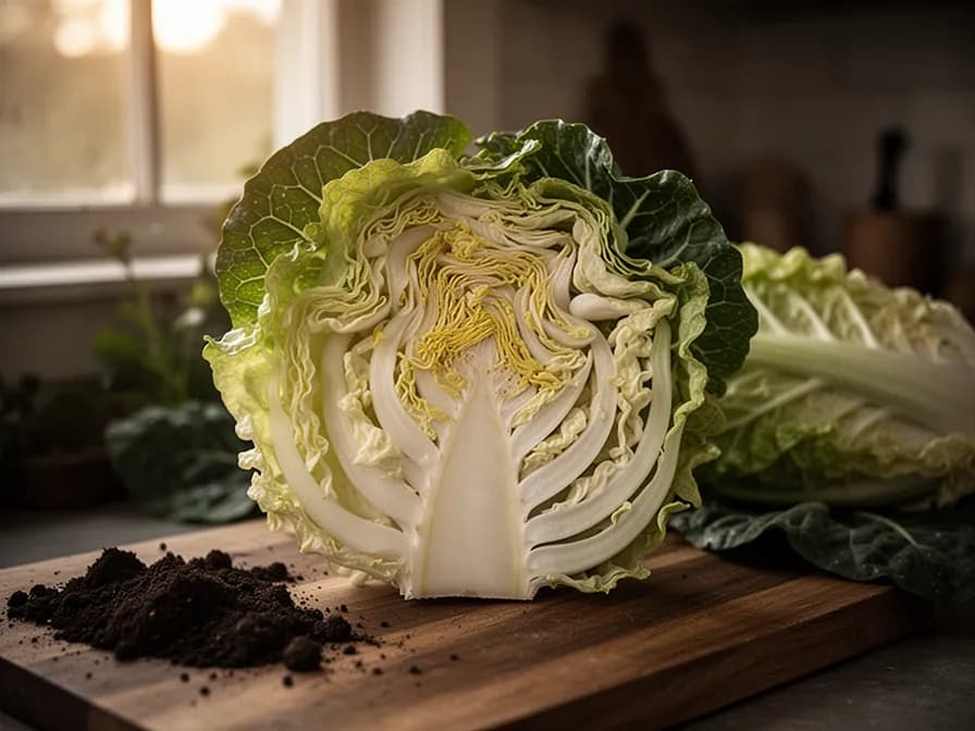 Cross-section of napa cabbage showing pale interior leaves