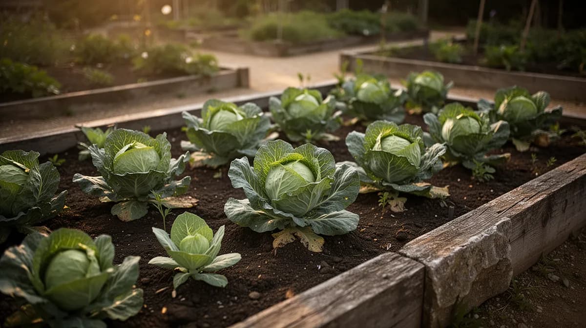 Row of napa cabbage growing in a fall garden