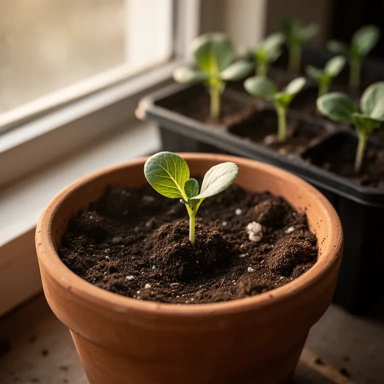 Young napa cabbage seedlings with first true leaves