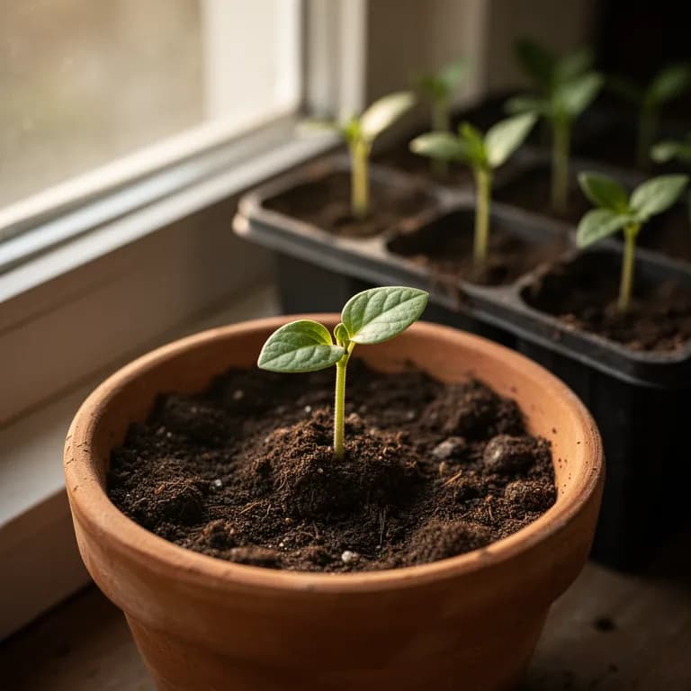 Young naranjilla seedling with large fuzzy purple-veined leaves emerging from a pot