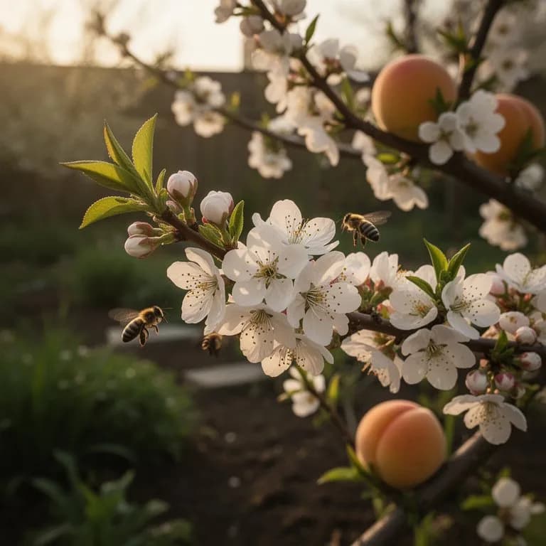 Fantasia-Nektarinenbaum bedeckt mit tiefrosa Blüten im zeitigen Frühjahr vor dem Laubaustrieb
