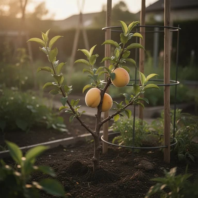 Junger Fantasia-Nektarinensetzling wird in ein sonniges Gartenbeet mit Stützpfahl gepflanzt