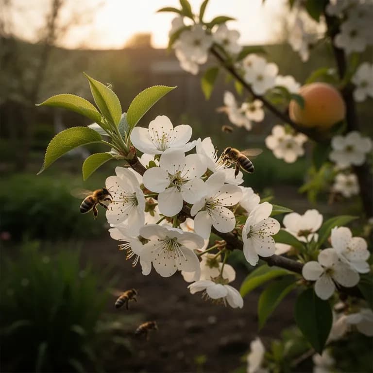 Weißer Nektarinenbaum in voller Frühjahrsblüte, bedeckt mit blassrosa Blüten vor einem blauen Himmel