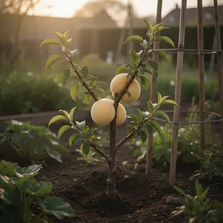 Junger weißer Nektarinen-Setzling mit Stützpfahl in gut vorbereiteter Gartenerde mit Mulchring gepflanzt