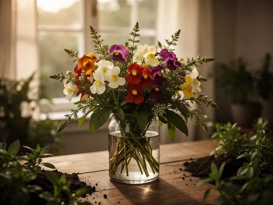 Flores secas de nemesia extendidas sobre una superficie de madera