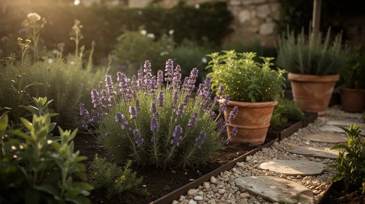 Nepeta-Randbepflanzung entlang eines steinernen Gartenwegs mit violetten Blütenähren