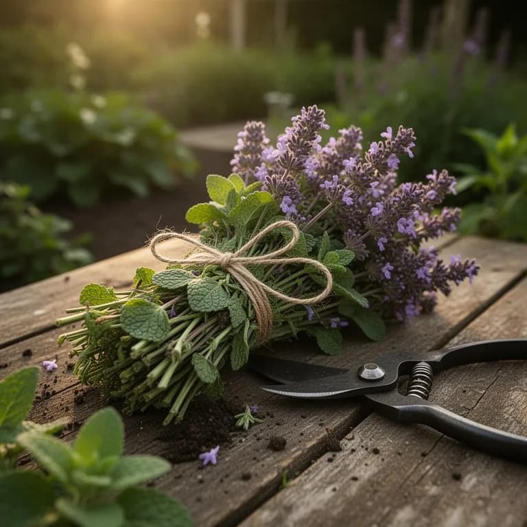 Frisch geschnittene Nepeta-Stängel zum Trocknen gebündelt