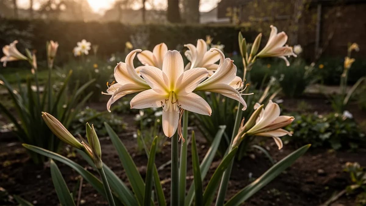 Bulbos de Nerine bowdenii siendo plantados en suelo bien drenado