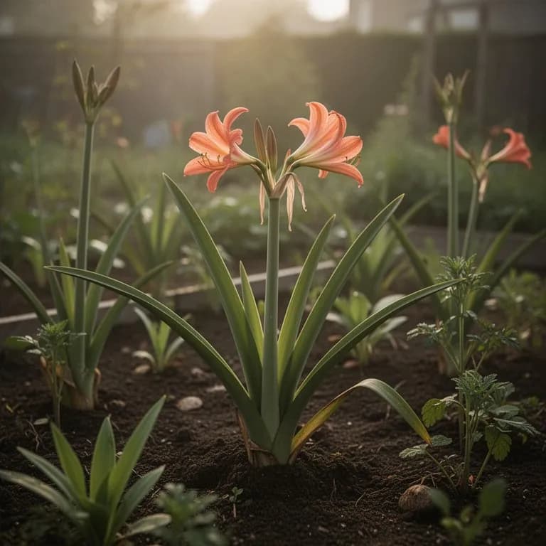 Frische grüne riemenförmige Blätter, die im Frühling aus Nerine-Zwiebeln austreiben