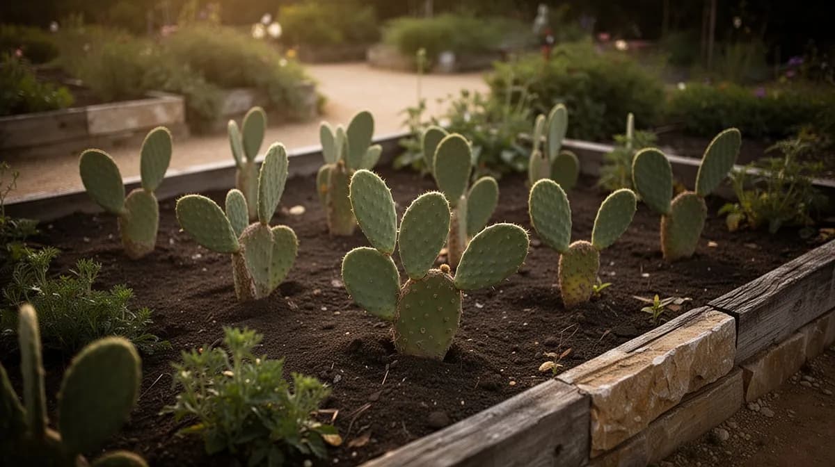Etablierte Feigenkaktus-Pflanze in einem sonnigen trockenen Garten mit mehreren Blättern